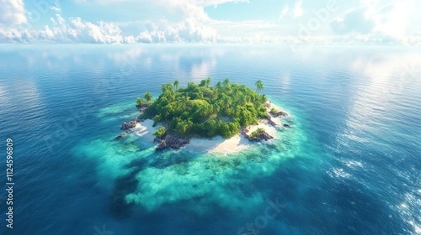Fototapeta Aerial view of a tropical island in the middle of a calm blue sea, surrounded by coral reefs,