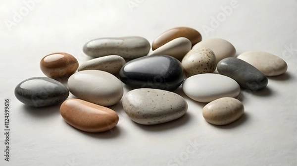 Fototapeta Smooth stones of varying colors and sizes rest on a white surface