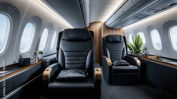 Obraz Luxurious Airline Cabin Interior Featuring Elegant Black Leather Recliner Seats and Modern Design Elements with Natural Light and Sophisticated Decor