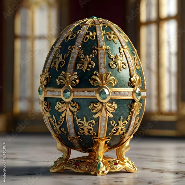 Fototapeta A luxurious 3D illustration of a Fabergé egg, reflecting the splendor of the Romanov era. The egg is intricately detailed with golden accents, delicate engravings, and encrusted gemstones, set against