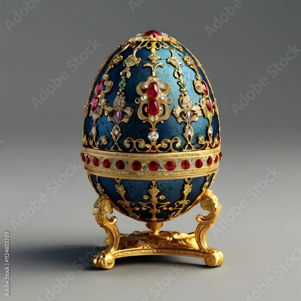 Fototapeta A luxurious 3D illustration of a Fabergé egg, reflecting the splendor of the Romanov era. The egg is intricately detailed with golden accents, delicate engravings, and encrusted gemstones, set against