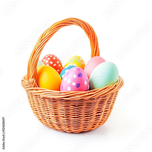 Fototapeta colorful Easter eggs with wicker basket Isolated on white background