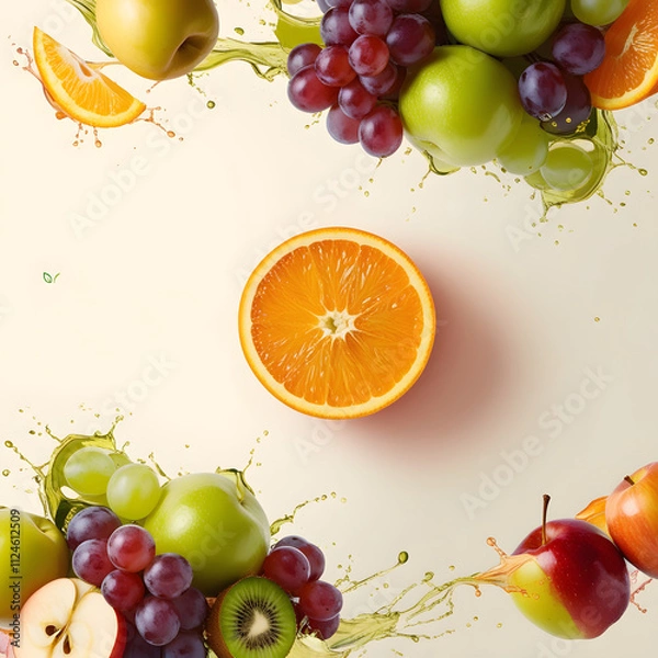 Fototapeta A fresh orange slice surrounded by apples, grapes, and kiwis, creatively placed with dynamic juice splashes on a minimalistic backdrop