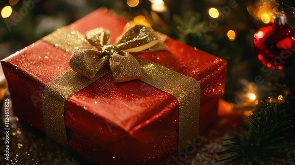 Fototapeta red and gold wrapped Christmas present with a sparkly bow