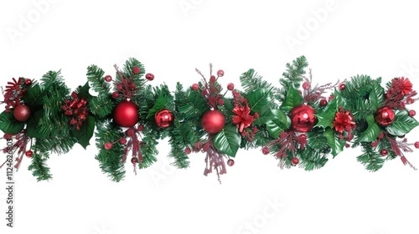 Obraz Christmas Branches Border with Christmas Decorations on White Background, Festive Embellishments for Holiday Cheer and Decor.