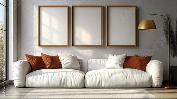 Fototapeta Minimalist Scandinavian Living Room with White Sofa and Blank Photo Frames