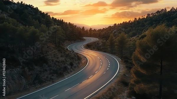 Fototapeta A winding road goes through a forest at sunset.