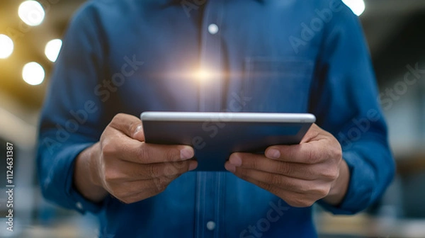 Fototapeta A professional using a tablet with augmented reality apps to navigate a construction site. Augmented reality on tablet in construction site.