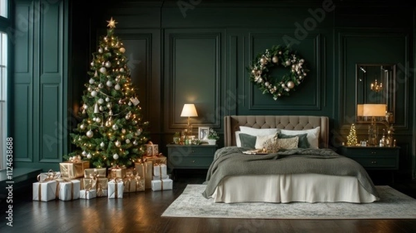 Obraz Log house bedroom displays a beautifully decorated Christmas tree, glowing lights, and presents, creating a warm holiday atmosphere