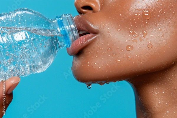 Fototapeta Person Drinking Water from Plastic Bottle; Perspiration Visible