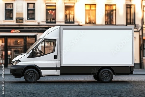 Obraz Delivery truck parked on city street during daytime with empty side for advertising