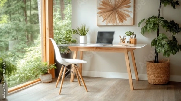 Fototapeta A bright home office features a wooden desk and chair, surrounded by lush plants and a large window overlooking a forest, creating a serene workspace environment.