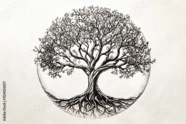 Fototapeta A tattoo sketch of a tree of life, with intricate roots and branches forming a symmetrical design, space for text.