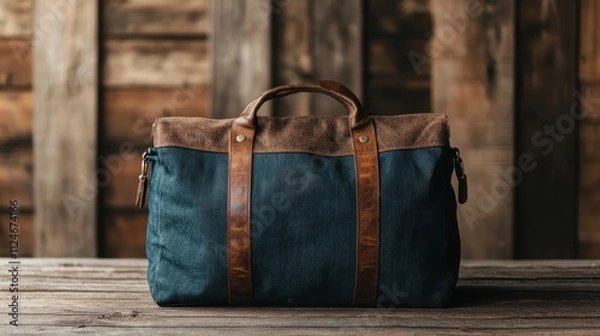 Fototapeta An elegant duffle bag made of blue denim and leather accents sits on a wooden surface, combining contemporary style with classic craftsmanship.