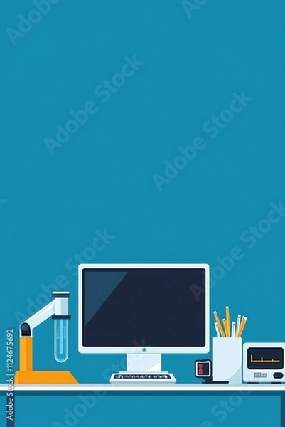 Fototapeta A computer monitor sits on a desk next to a beaker and a pair of scissors