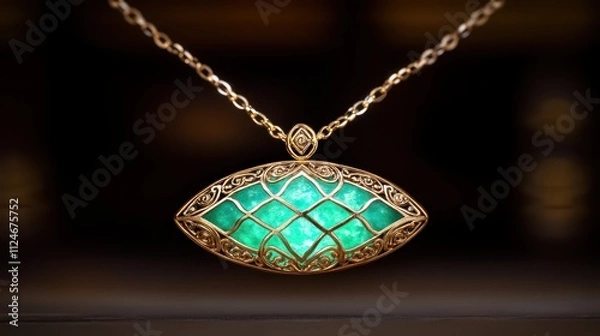 Fototapeta A stunning emerald pendant necklace featuring intricate gold filigree, showcasing a vibrant green stone shaped like an eye.