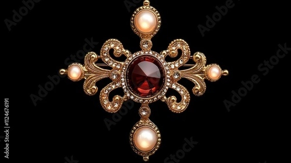 Fototapeta A beautifully crafted golden brooch featuring a central red stone and pearl accents, showcasing intricate design and elegance.