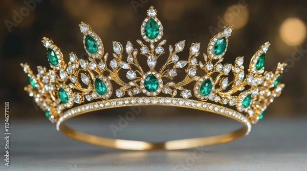 Obraz A stunning gold crown adorned with emeralds and diamonds, showcasing intricate design elements and sparkling beauty.