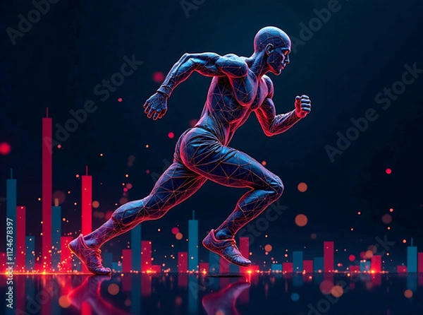 Fototapeta Geometric shapes forming a dynamic athlete figure, overlaid with digital stock market graphs, symbolizing sports business growth- Generative Ai 