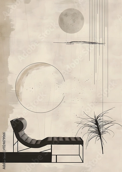 Fototapeta This modern abstract minimalist artwork showcases a lounge chair and a plant, with geometric shapes and a serene monochromatic palette, perfect for contemporary interior decor