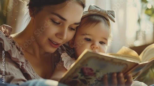 Fototapeta A woman and a child are engrossed in reading a book together sitting comfortably on a couch or bed.