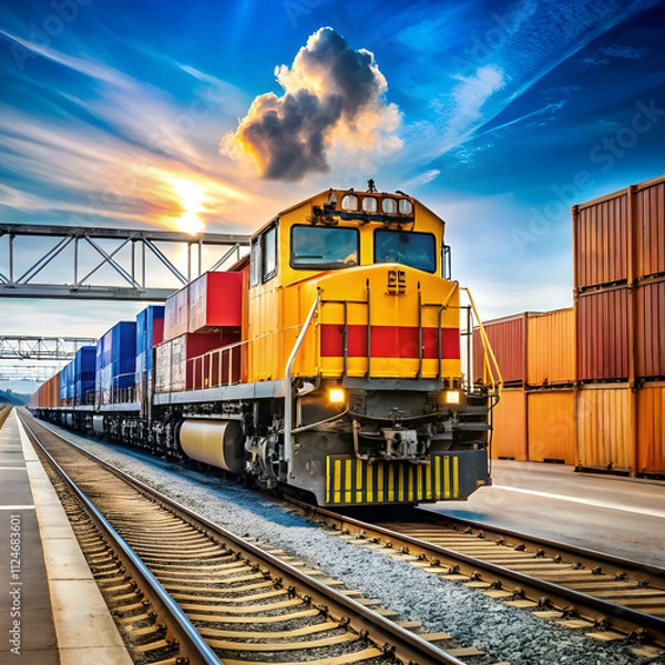 Fototapeta A freight train loading dock featuring cranes, containers, and workers, bustling