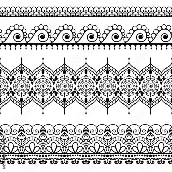 Fototapeta Seamless border elements in Indian mehndi style for card or tattoo. Vector illustration isolated on white background.