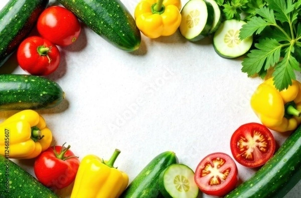 Fototapeta Top down view, frame for text made from zucchini, yellow peppers, fresh greens, copy space