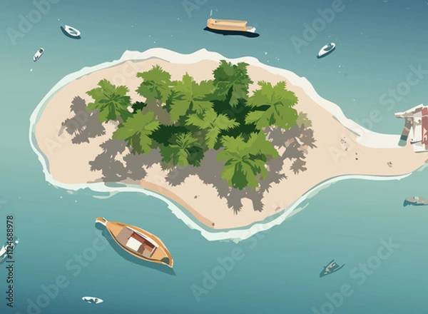 Fototapeta island with palm trees and boats, vector isometric illustration.