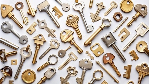Fototapeta Aerial View of Various Keys Isolated on a White Background, Perfect for Home Security, Real Estate, and Lock Solutions, Showcasing Different Styles and Designs for Creative Projects