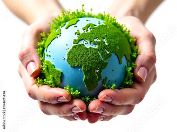 Fototapeta earthly embrace hands holding globe with lush green foliage world environment day concept white background . AI GENERATIVE IMAGE