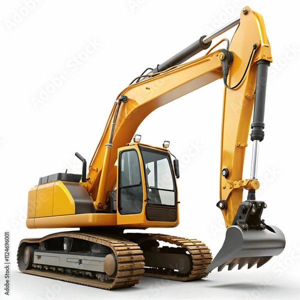 Fototapeta An excavator displayed against a white background, showcasing its large bucket, sturdy arm, and heavy-duty design for construction or digging tasks.