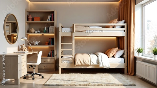 Fototapeta Modern design child's bedroom with double bunk beds. Generative AI. IMAGE 2025