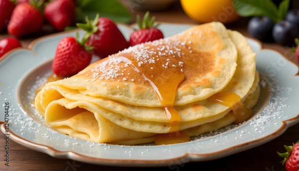Fototapeta  Pancakes with honey and berries: Pancakes decorated with fresh berries (strawberries, raspberries, blueberries) and whipped cream on an elegant plate.
