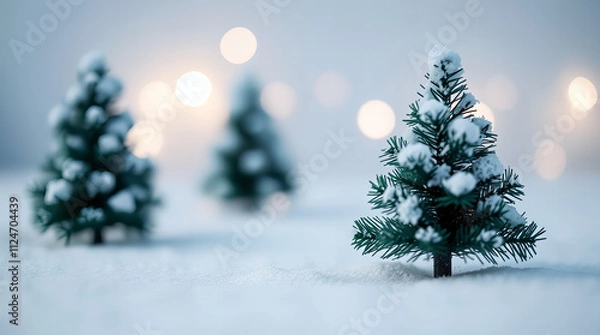 Obraz Trzy ciemno zielone choinki ustawione w rożnej odległości, zaśnieżone. W tle efekt boho