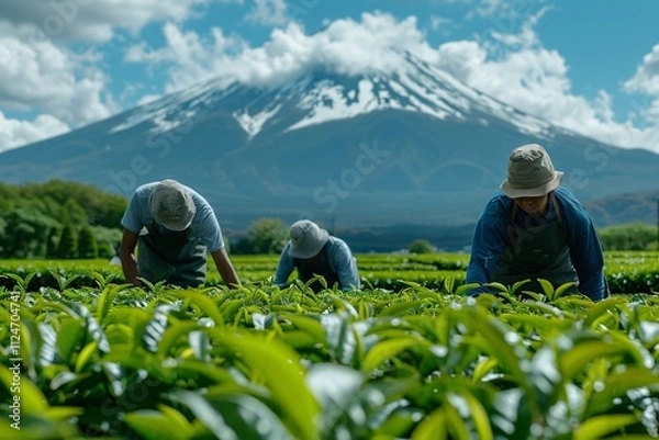 Fototapeta Workers are meticulously picking tea leaves in a lush green field with Mount Fuji towering majestically in the background under a bright blue sky filled with clouds