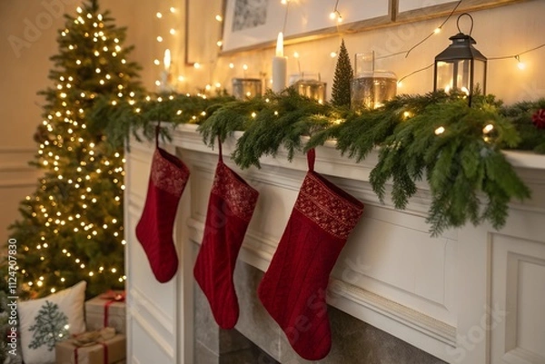 Fototapeta Christmas Mantel Decor with Stockings and Fairy Lights. Generative AI