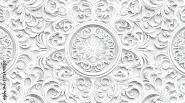Fototapeta A detailed white ornamental pattern featuring intricate floral designs and circular motifs, suitable for backgrounds or decorative purposes.