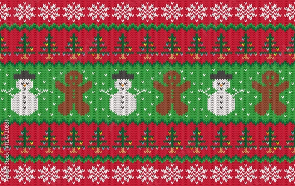 Fototapeta Knitted pattern seamless fabric Christmas snowman. traditional knitted pattern vector winter style. Designed for background ,wallpaper ,carpet ,clothing ,knitted pattern ,fabric ,embroidery ,textile