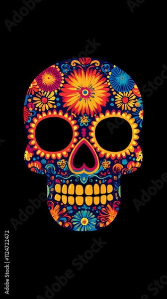Obraz Vibrant Sugar Skull Art: Colorful Floral Pattern and Ornate Design Celebrating Culture, Tradition, and the Festival of Life with Bright Colors on a Black Background