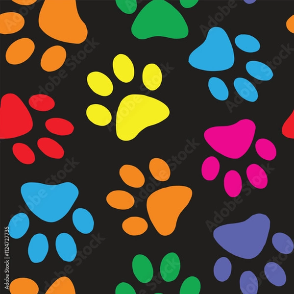 Fototapeta Cute Colorful cat paw prints on black seamless vector pattern background wallpaper textile scrapbook