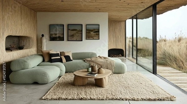 Fototapeta This image features a cozy Scandinavian living room with soft green furniture, natural materials, and a view of grassy dunes outside, reflecting minimalist design principles.