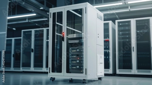 Fototapeta Advanced Tech Game Server Cabinet with Efficient Cooling, Neat Cable Network, and Modern Data Center Backdrop. 