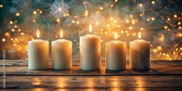 Fototapeta A Serene Display of Five White Candles Aligned on a Rustic Wooden Table, Perfect for Creating a Tranquil Atmosphere in Your Home Decor and Photography Projects