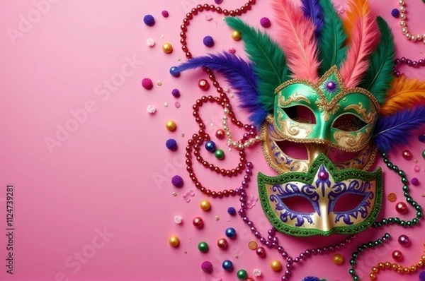Fototapeta Colorful mardi gras masks with feathers and beads on a pink background