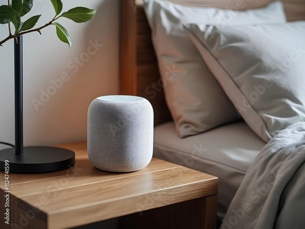 Obraz Smart home assistant placed on a nightstand beside a bed in a modern bedroom, future advance home