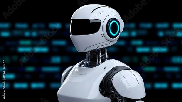 Obraz Futuristic white humanoid robot glancing to the left with digital binary code backdrop symbolizing technological progress and ai