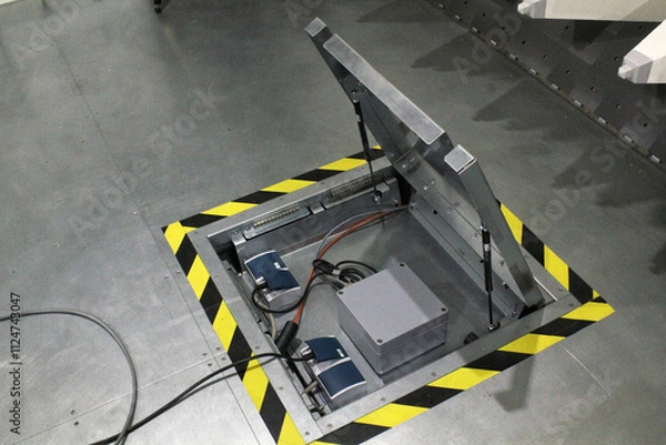 Fototapeta Close-up of open floor access panel with yellow and black caution tape reveals electrical components and wiring. Raised floor panel in an industrial setting, revealing electrical equipment and wiring