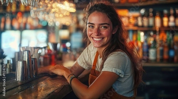 Fototapeta Cheerful female bartender in casual uniform smiling at camera. Young woman working at trendy pub with warm lighting and bokeh effects creating welcoming atmosphere