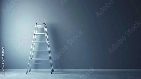 Obraz A clean room with an aluminum ladder placed against a plain gray wall, suggesting home improvement or professional work.